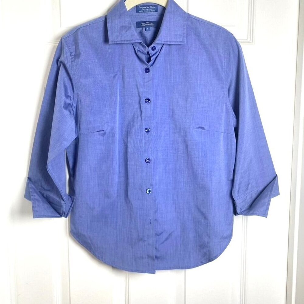 Faconnable Blue Button Front Blouse 3/4 Sleeves Cuffs Women's Size Small